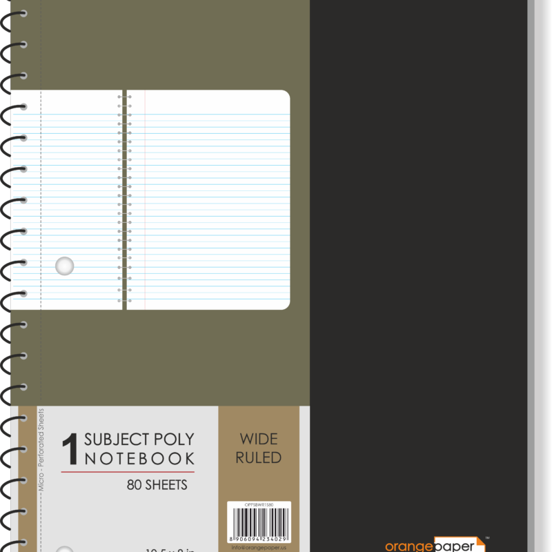 1 Subject poly notebook, wide ruled, 80 Sheets, 10.5 x 8 in