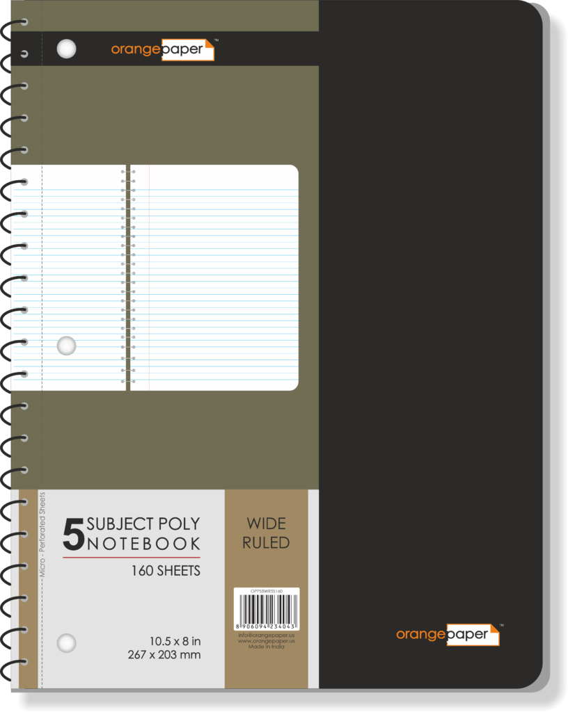 5 Subject poly notebook, wide ruled, 160 Sheets, 10.5 x 8 in