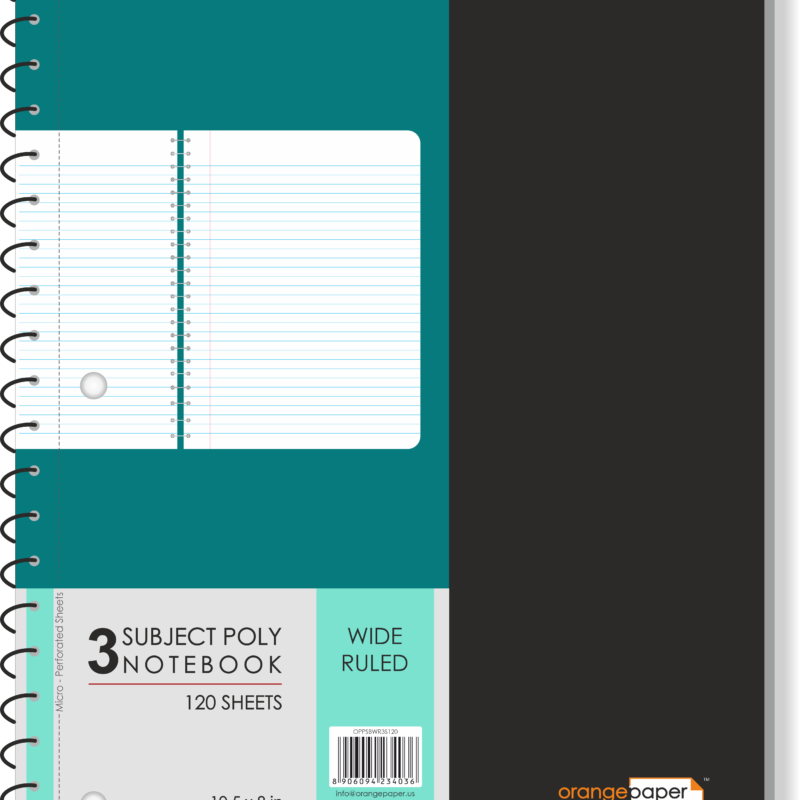 3 Subject poly notebook, wide ruled, 120 Sheets, 10.5 x 8 in