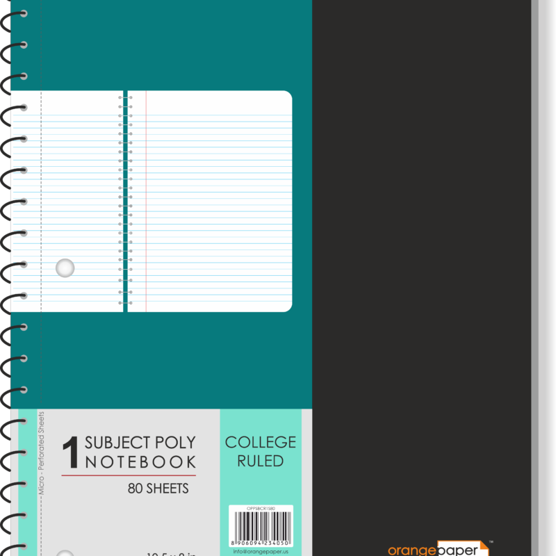 1 Subject poly notebook, college Ruled, 80 Sheets, 10.5 x 8 in