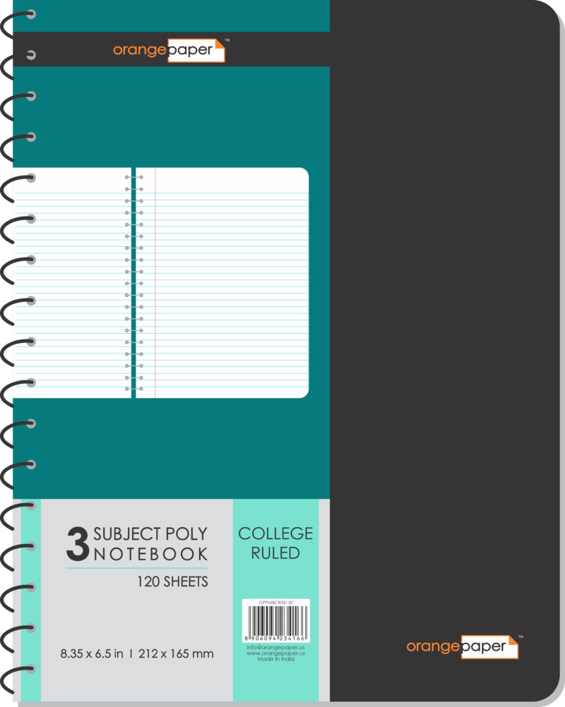 3 Subject poly memo notebook, college ruled, 120 Sheets, 8.35 x 6.5 in