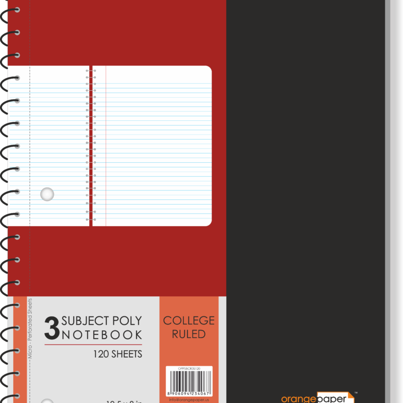 3 Subject poly notebook, college Ruled, 120 Sheets, 10.5 x 8 in