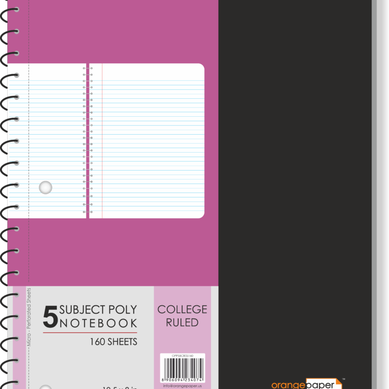 5 Subject poly notebook, college Ruled, 160 Sheets, 10.5 x 8 in