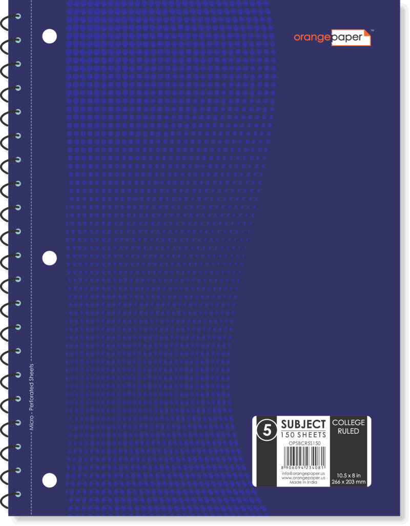 5 Subject book, college Ruled, 150 Sheets, 10.5 x 8 in